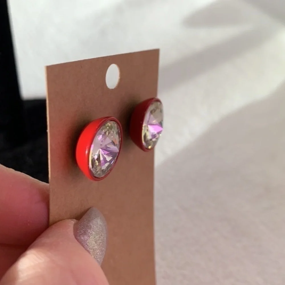 💐5/25 extra large red enamel clear crystal round stud earrings